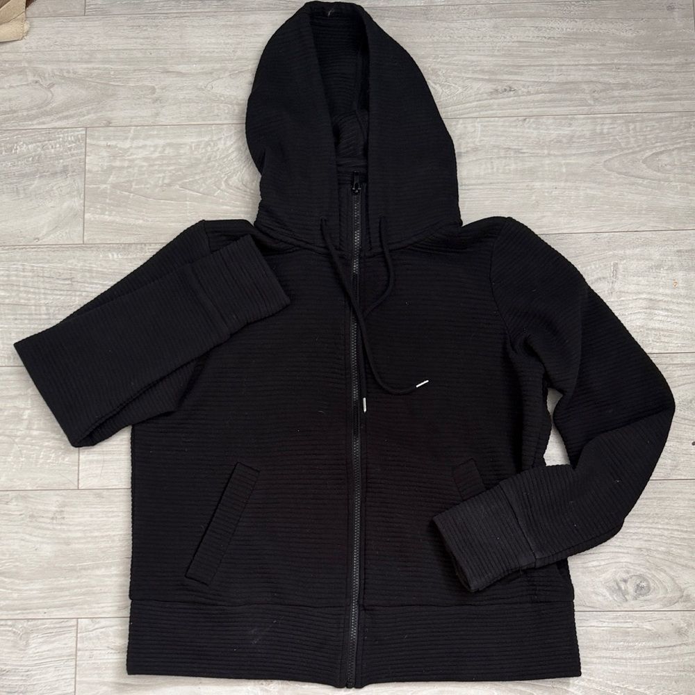 Black Ribbed Zip-Up Hoodie 90 Degrees by Reflex